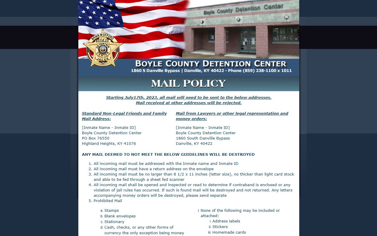 Boyle County inmate search mail policy and scanned mail address