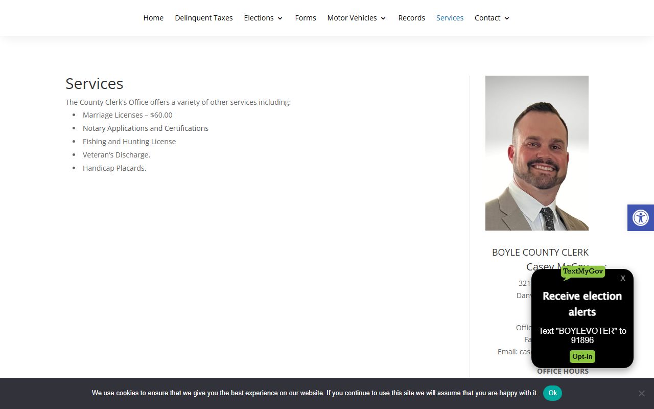 Boyle County marriage records County Clerk services page